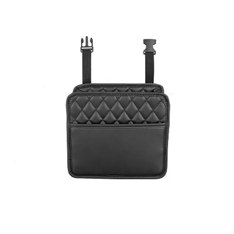 Black hanging leather car trash can with strap, shown mounted on a car seat.