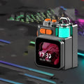 Dark grey portable Bluetooth speaker with touch screen controls showing front view.