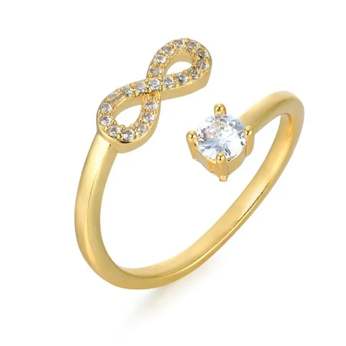 Open geometric ring with letter charm and inlaid zircon treatment in gold, rose gold, or silver finish