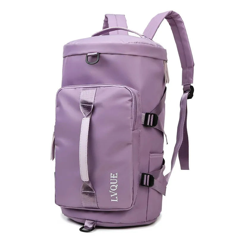 Black convertible nylon gym bag showing backpack, shoulder bag, and handbag modes with separate shoe compartment.