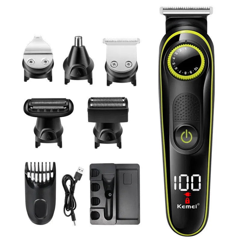 Black KM-696 rechargeable electric hair clipper with stainless steel blades and cleaning brush.