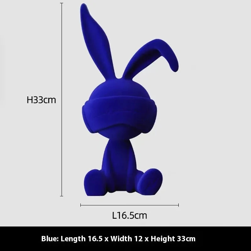 Suede blindfold rabbit resin table ornament in blue, green, or red colour options for home decoration