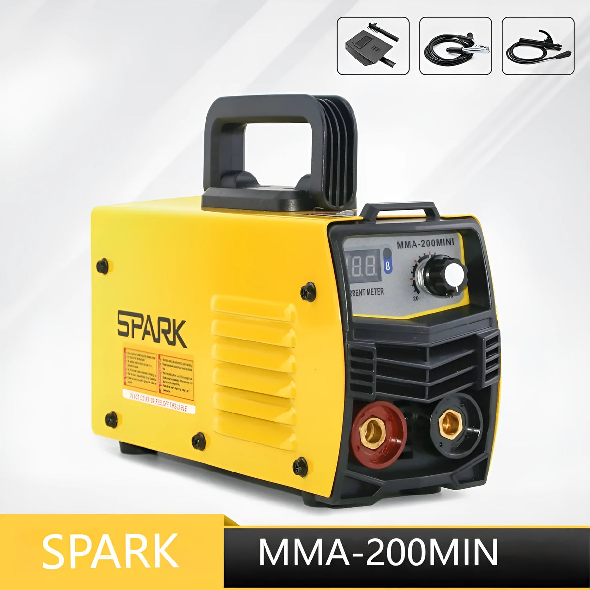 MMA-200MIN DC welding machine with welding tongs, grounding clamp, face shield, and brush hanger accessories