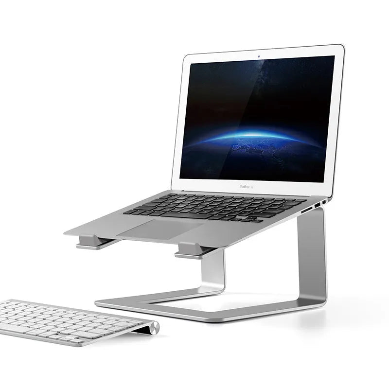 Black aluminium laptop stand elevating notebook with improved ventilation space underneath
