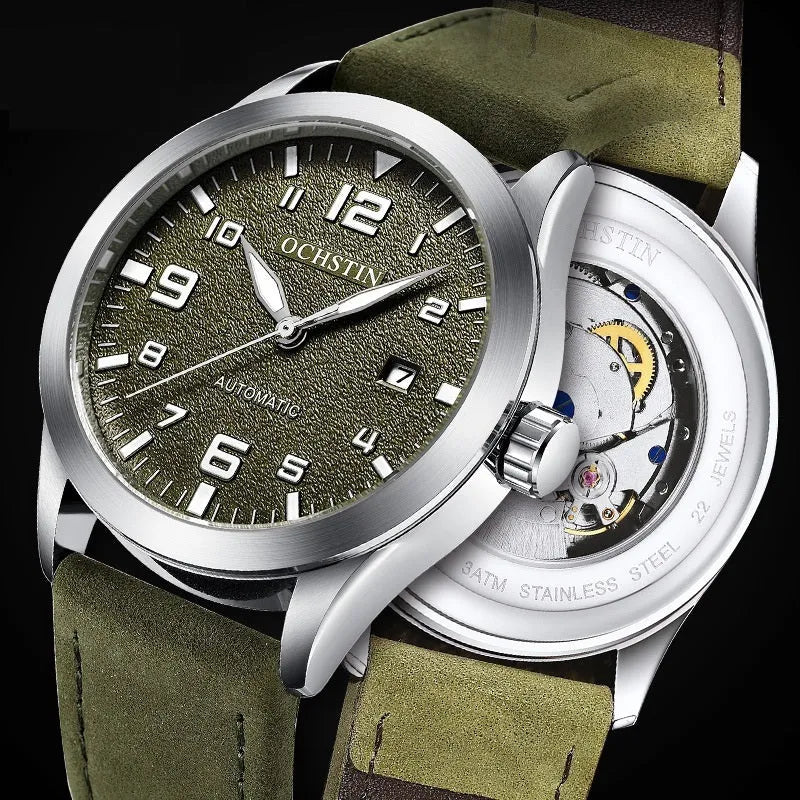 Men's retro business automatic watch with leather strap in multiple colour options