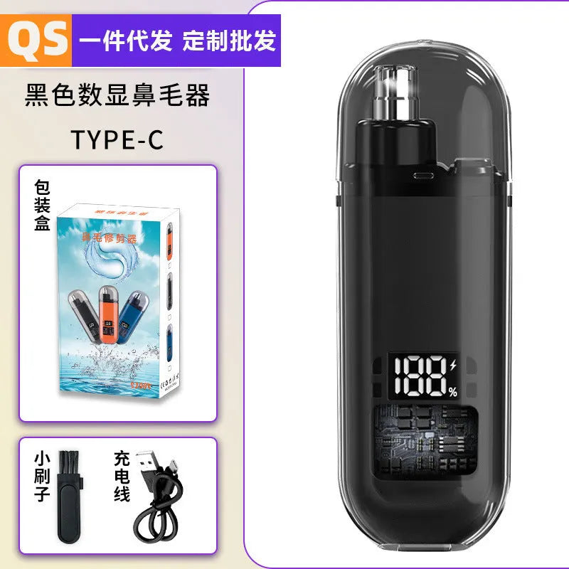 Rechargeable nose hair trimmer with digital display, removable cutter head, and cleaning brush on a white background.