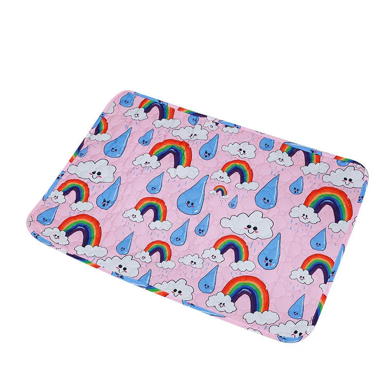 Reusable washable pet urine pad with non-slip backing in Animal World pattern, laid flat on floor.