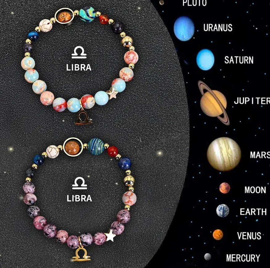 Natural stone beaded bracelets showing zodiac sign designs for all twelve astrological symbols