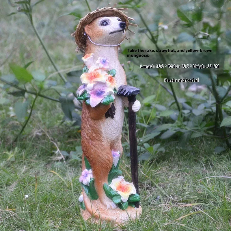 Straw hat mongoose garden ornament in plastic resin with three colour options for bonsai decoration