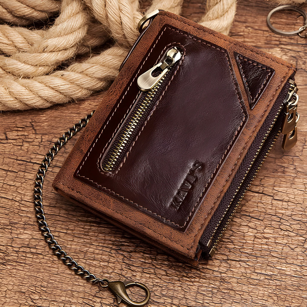 Dark brown men's leather wallet with chain detail and RFID anti-theft protection
