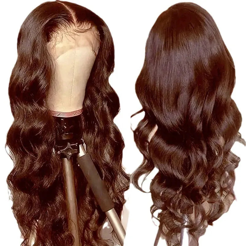Women's dark brown front lace wig with long curly hair and side bangs in European American fashion style