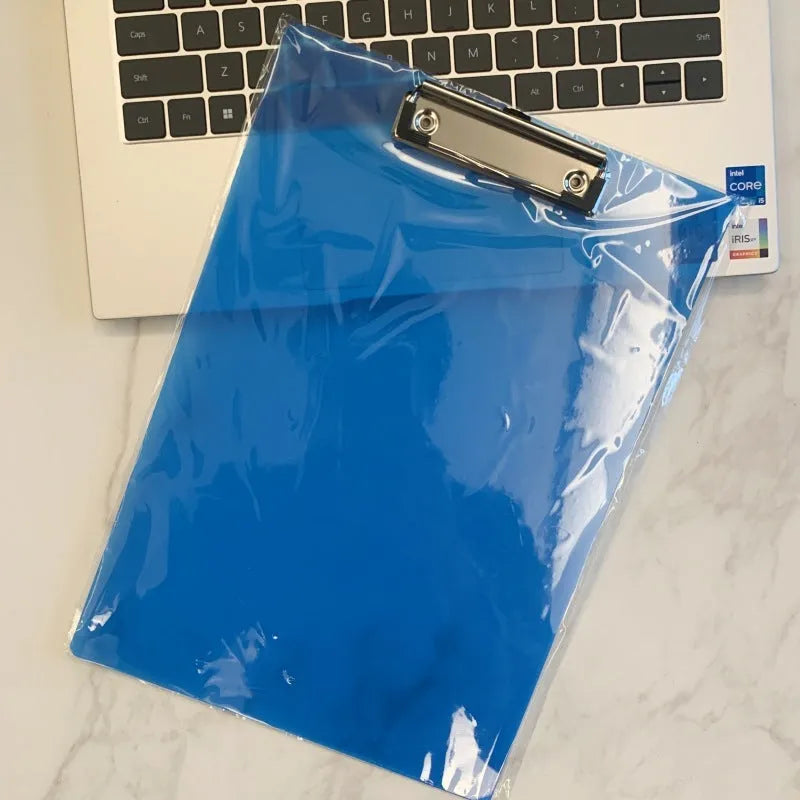 Clear plastic A4 plate holder with metal clip holding documents, available in multiple colours including blue, green, red and white.