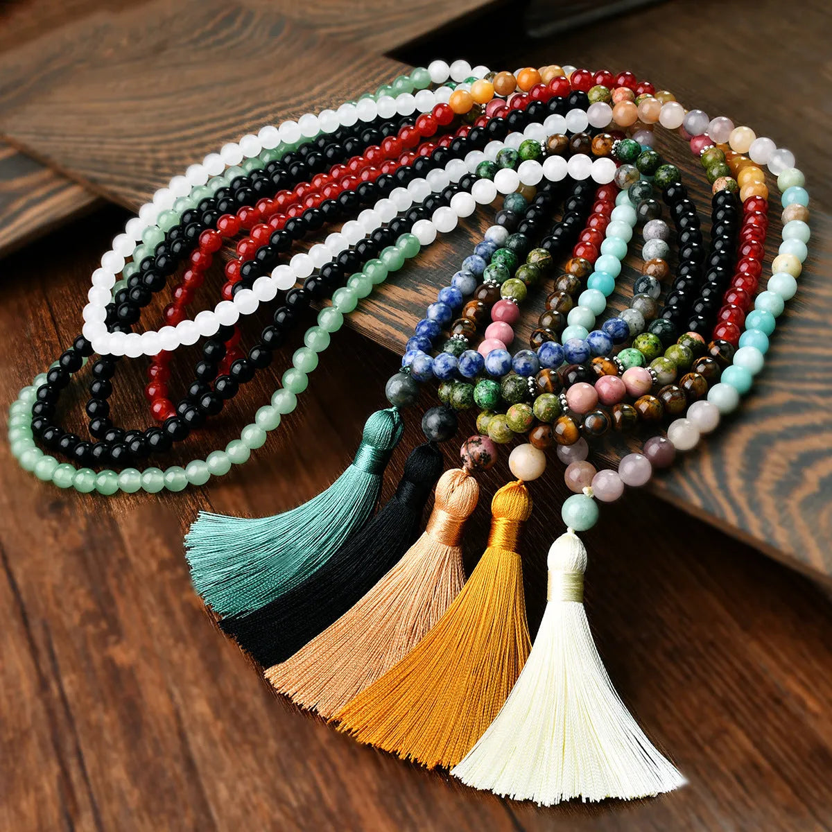 108 natural stone tassel necklace with gemstone pendant on long bead chain