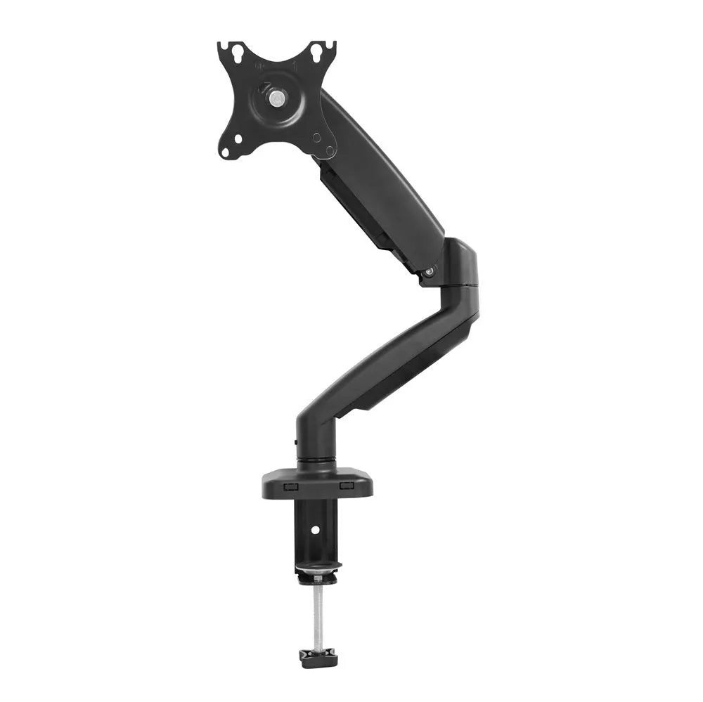 Black rotating telescopic LCD screen bracket elevated on desk with adjustable height mechanism