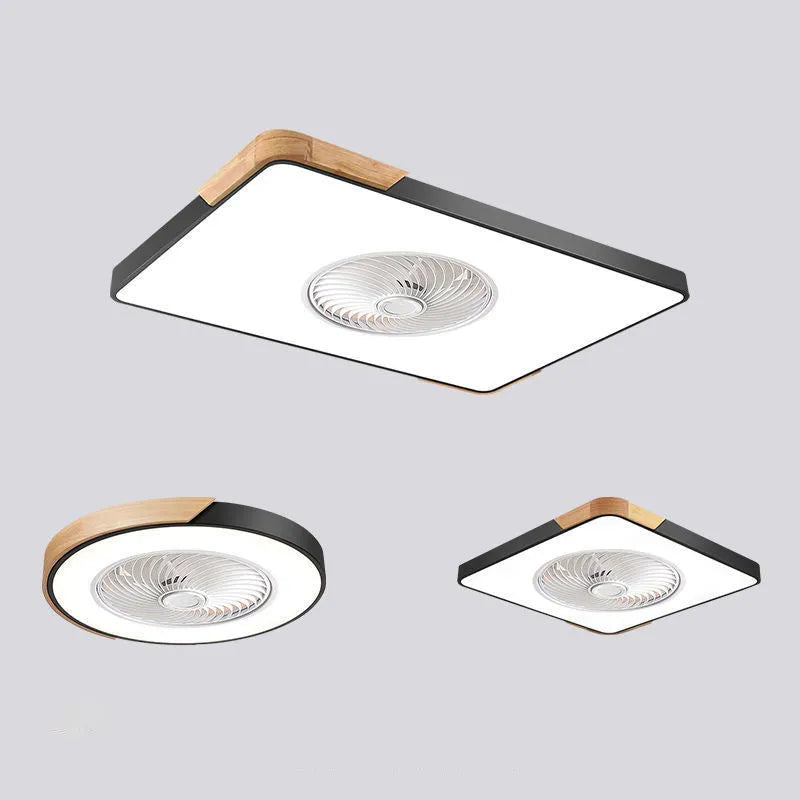 Nordic style ceiling fan and light fixture with solid wood mounting base on a white ceiling