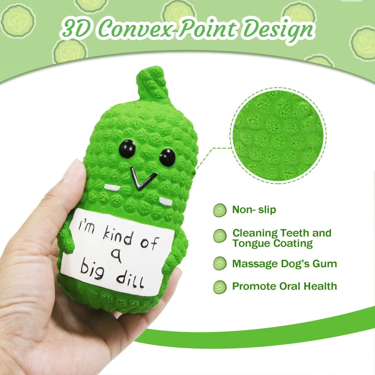 Green pickle squeaky dog toy with textured surface for teeth cleaning