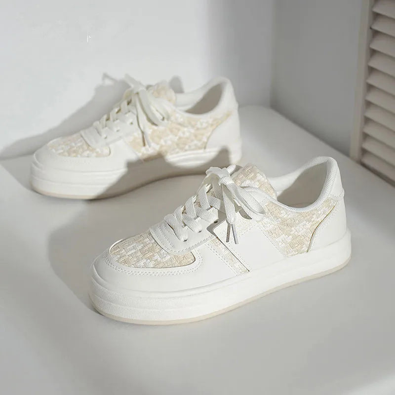 Beige plaid leisure sports shoes with a round toe and lace-up front, showing the rubber sole.