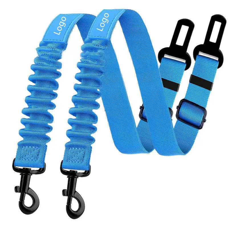 Nylon pet seat belt in black, 85cm long, with hand holding rope and explosion-proof design for car travel.
