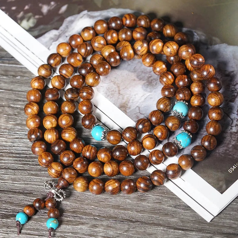 108 Lvzhu stone bead bracelet with geometric design and hand-polished 5-6mm beads