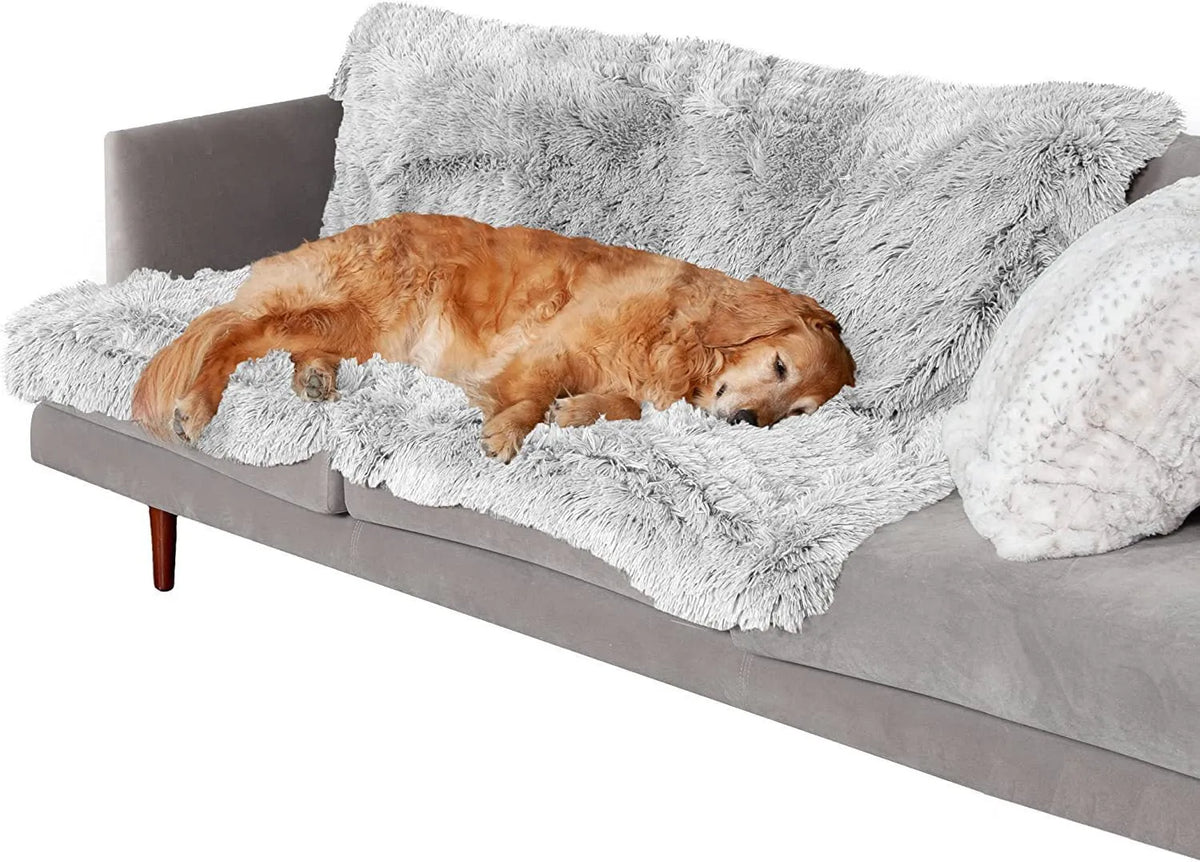 Waterproof plush dog cushion in dark grey showing double layer thickening construction