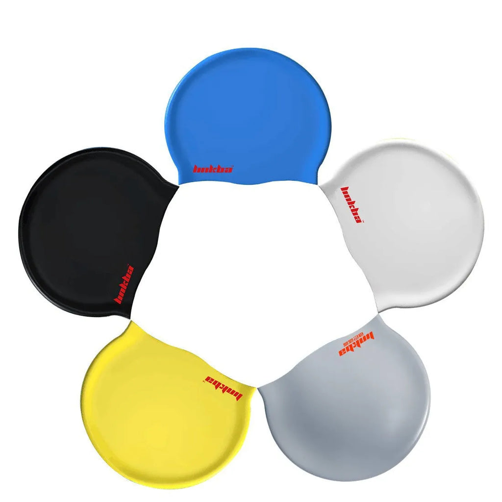 Silicone swimming cap with earmuffs in one of five colours: black, white, yellow, blue, or grey.