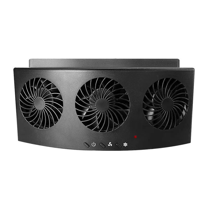 Black and white USB car ventilation fan for reducing exhaust odour and heat inside vehicles