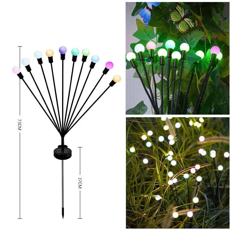 Solar-powered LED firefly lawn light with multiple heads and a stainless steel ground spike