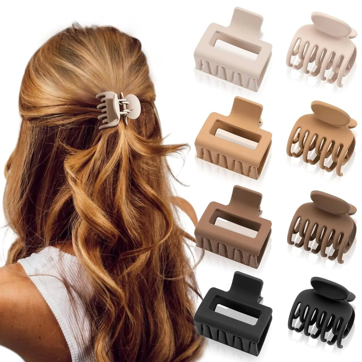 Six nude and rose red plastic hair clips with frosted grip and quadrilateral pointed toe style