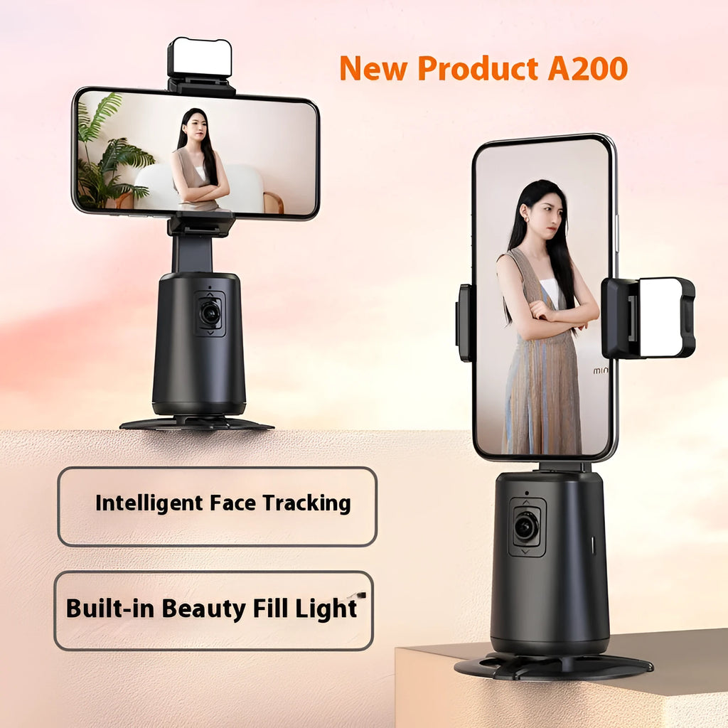 Black ABS desktop phone holder with face tracking, rotating camera head, and built-in LED ribbon lights.