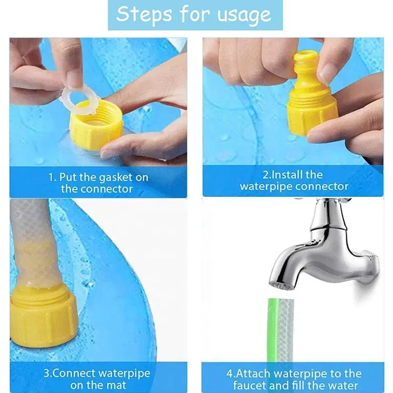 Outdoor dog sprinkler splash pad with anti-slip mat surface showing three diameter size options