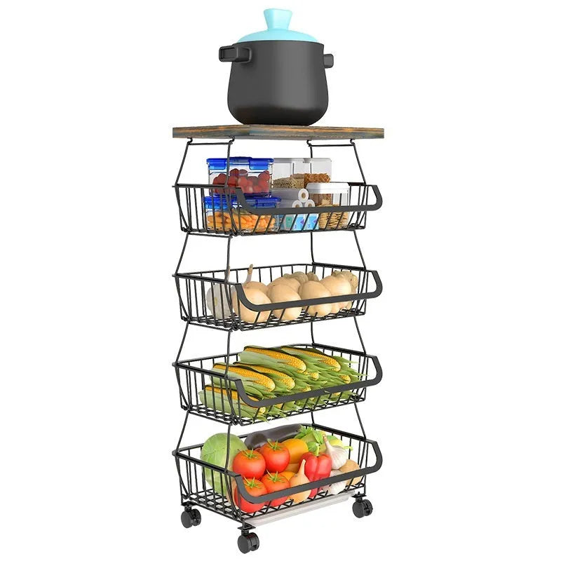 Black six-layer floor-standing kitchen storage trolley with foldable carbon steel shelves