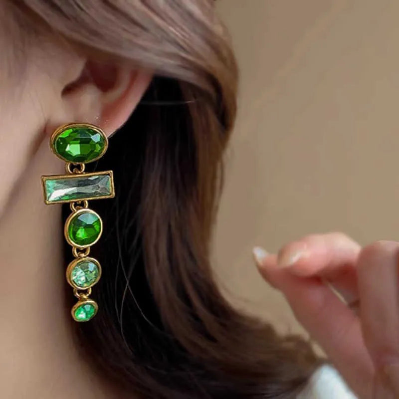 Retro geometric green gradient alloy earrings with tassel design and inlaid zircon stones