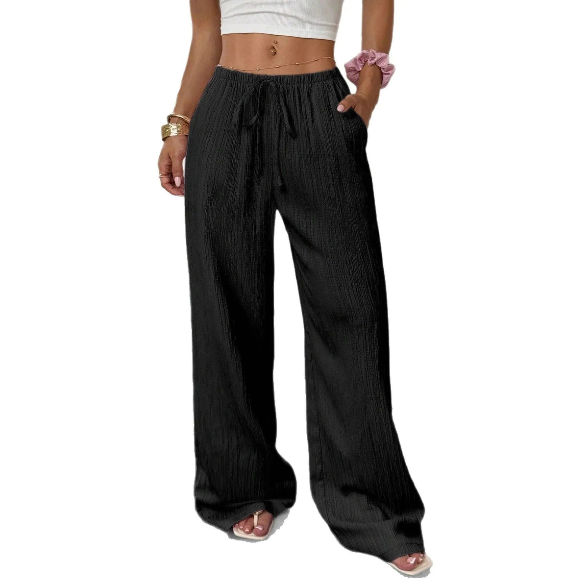 Women's wide-leg trousers with lace-up waist trim in black polyester fabric