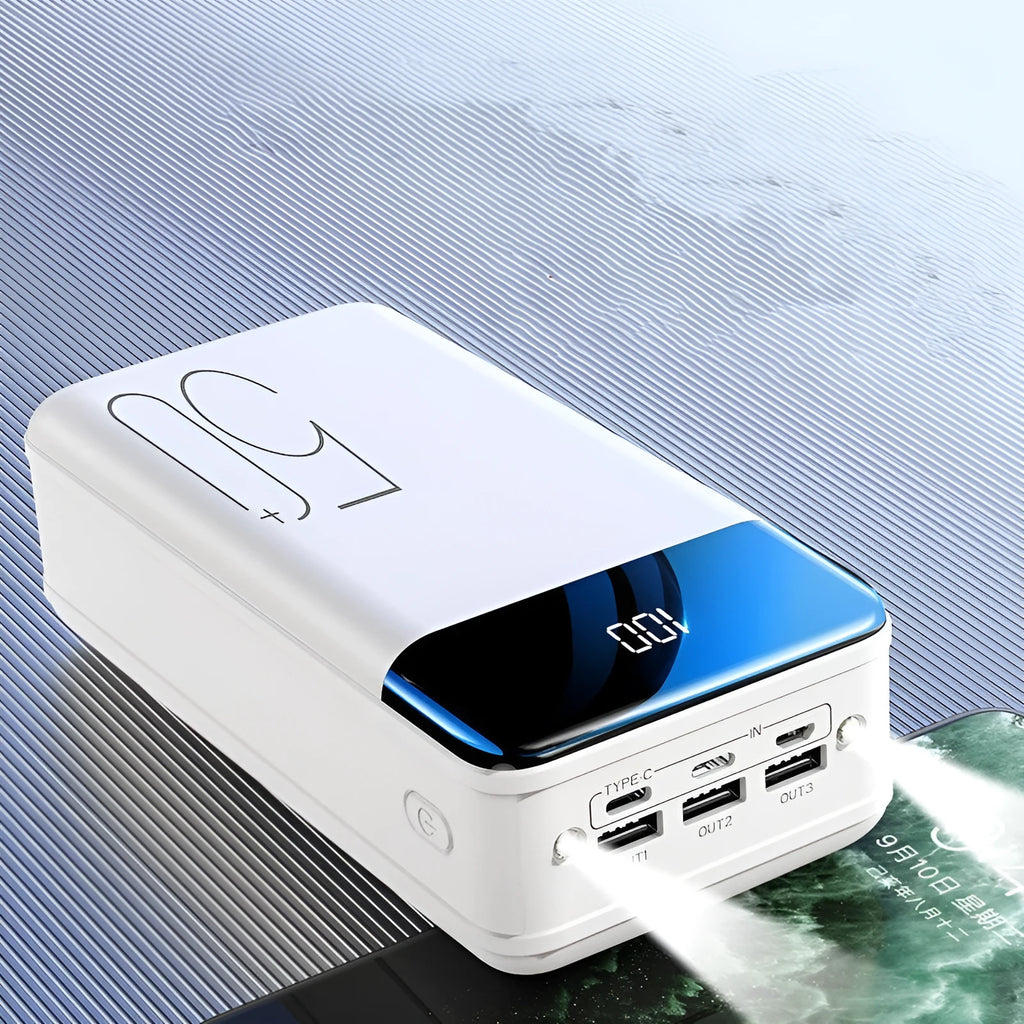Large black or white 50000mAh power bank showing three USB output ports