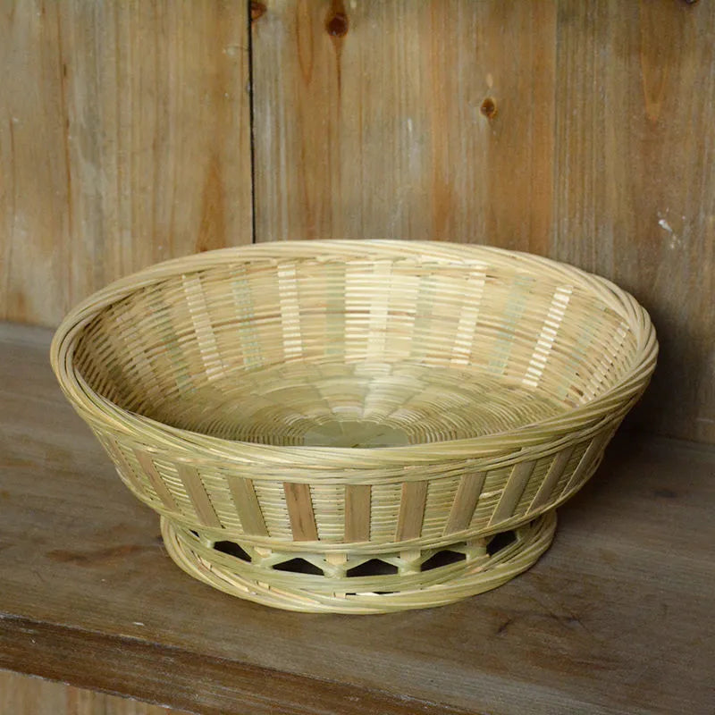 Handmade woven bamboo storage basket showing natural texture and woven pattern