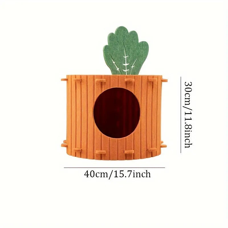 Brown carrot-shaped felt cat tunnel bed showing semi-enclosed design for feline sleeping