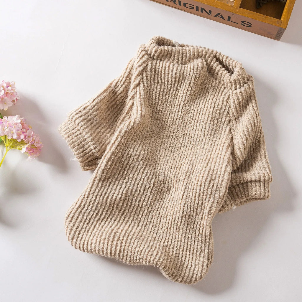 Brown cloth pullover sweater on a small dog like a Bichon or Pomeranian