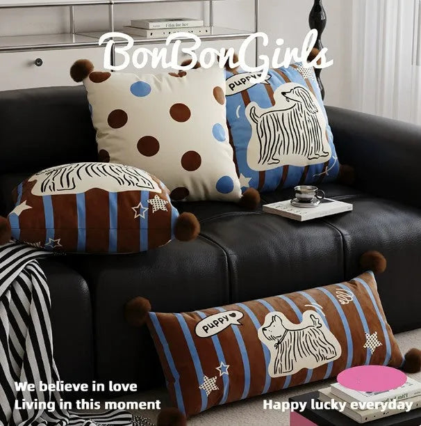 Printed cartoon anime cushion on sofa in blue, brown or white with cute animal design