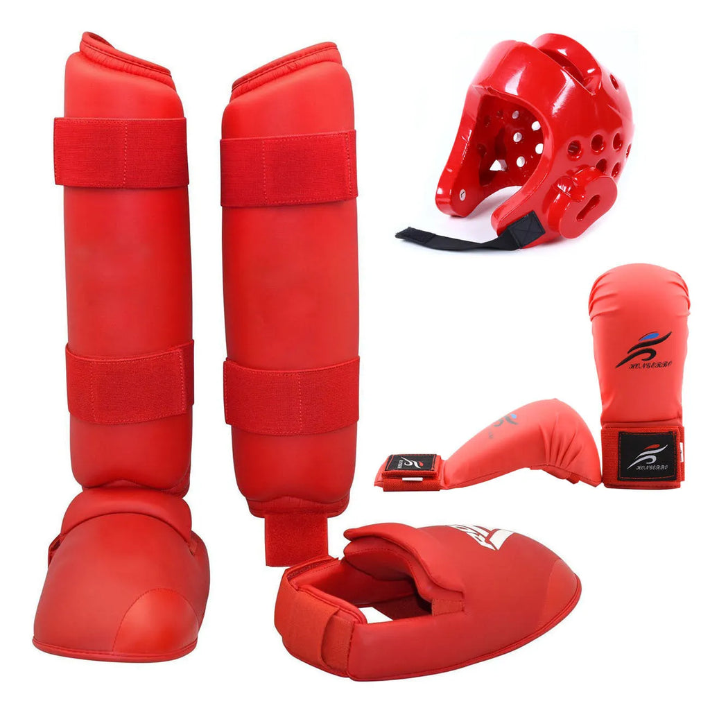 Karate Taekwondo protective gear set with leg guards, helmet and boxing gloves in red or blue colours