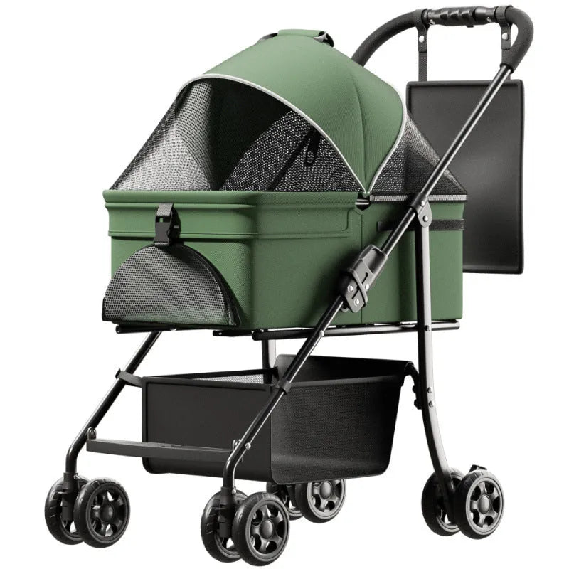 Black folding pet cart with metal frame and large transport capacity for medium dogs