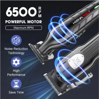 Black professional hair clipper set with LED display and adjustable length settings.