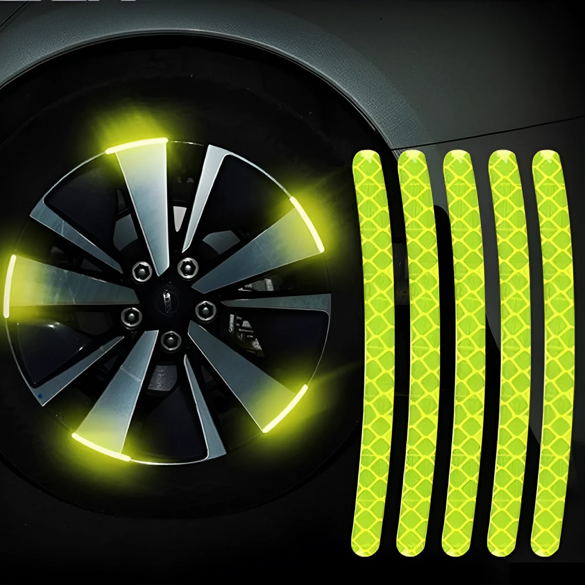 20-piece pack of arc-shaped PVC reflective stickers for car wheel hubs in multiple colour options.