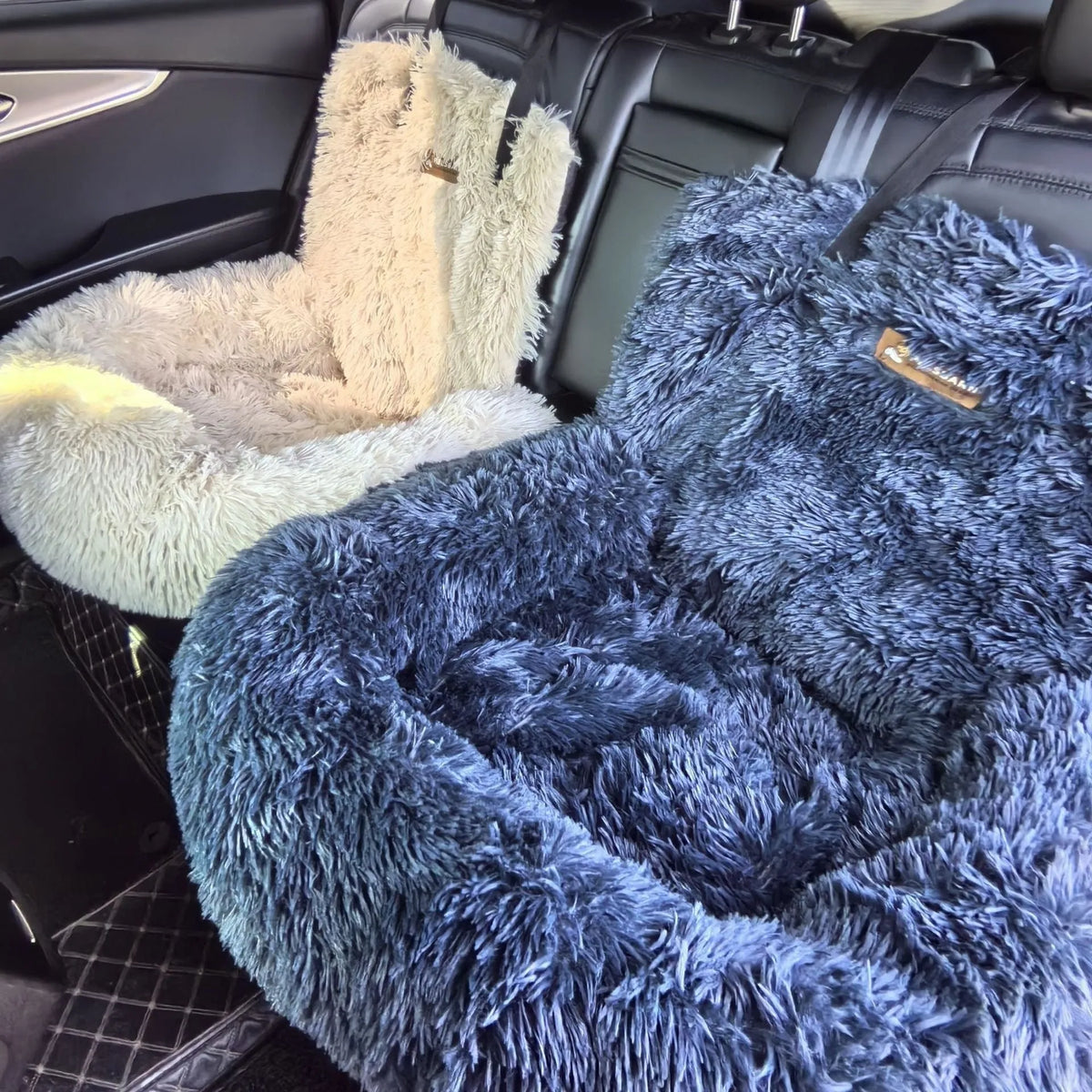 Thickened beige pet mat for car seat with raised sides, shown on a vehicle rear seat