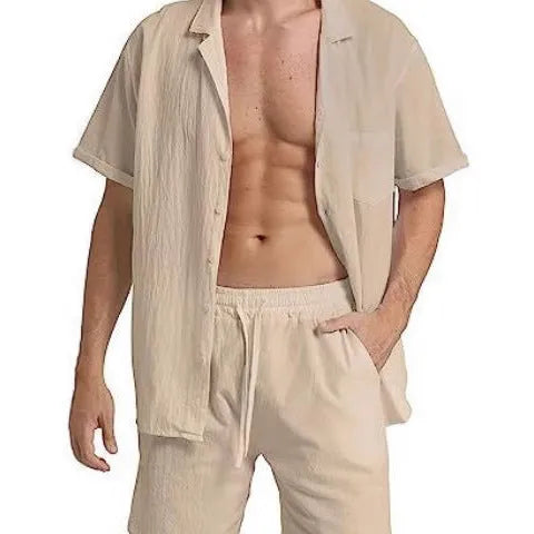 Men's black summer shorts suit with short-sleeved top and matching casual shorts