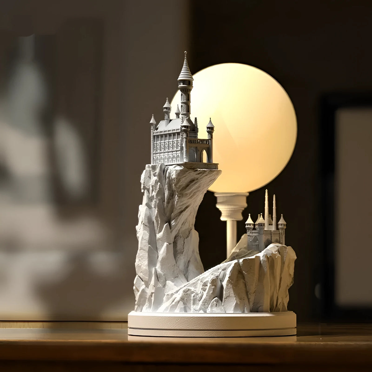 White composite gypsum table lamp with wire control switch on small bedside table