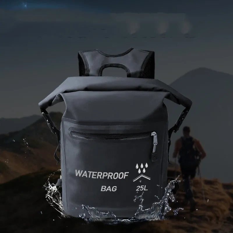 Black 25L waterproof dry bag backpack for swimming river tracing and rafting