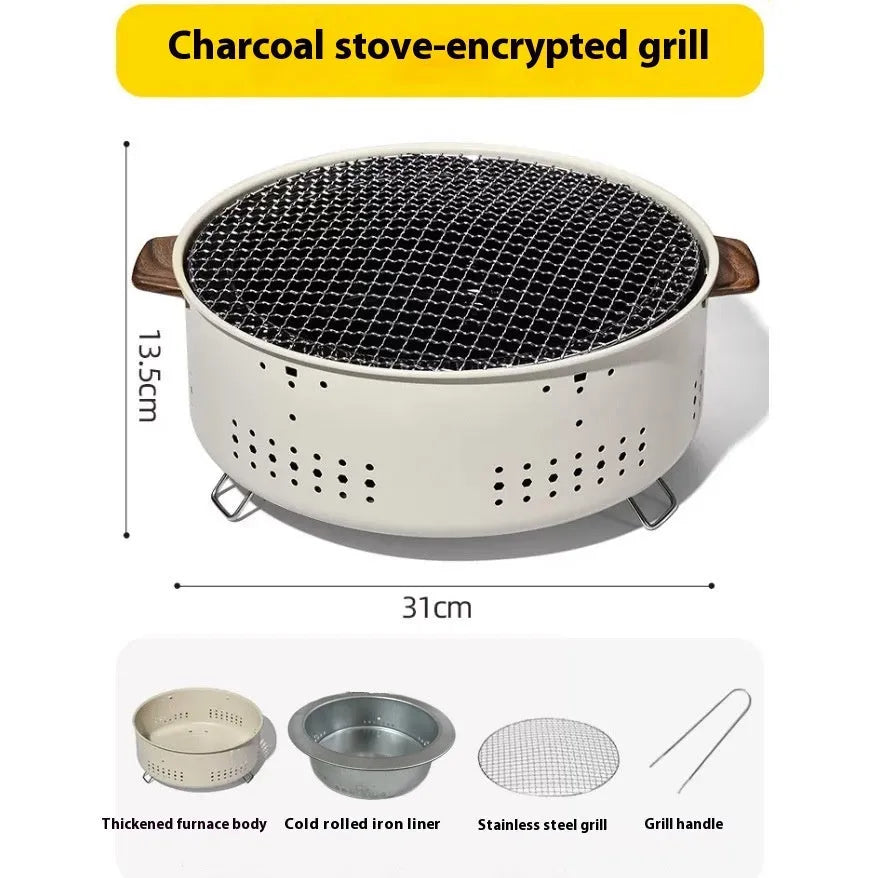 Portable indoor charcoal cooking stove with stainless steel construction and grill rack disk