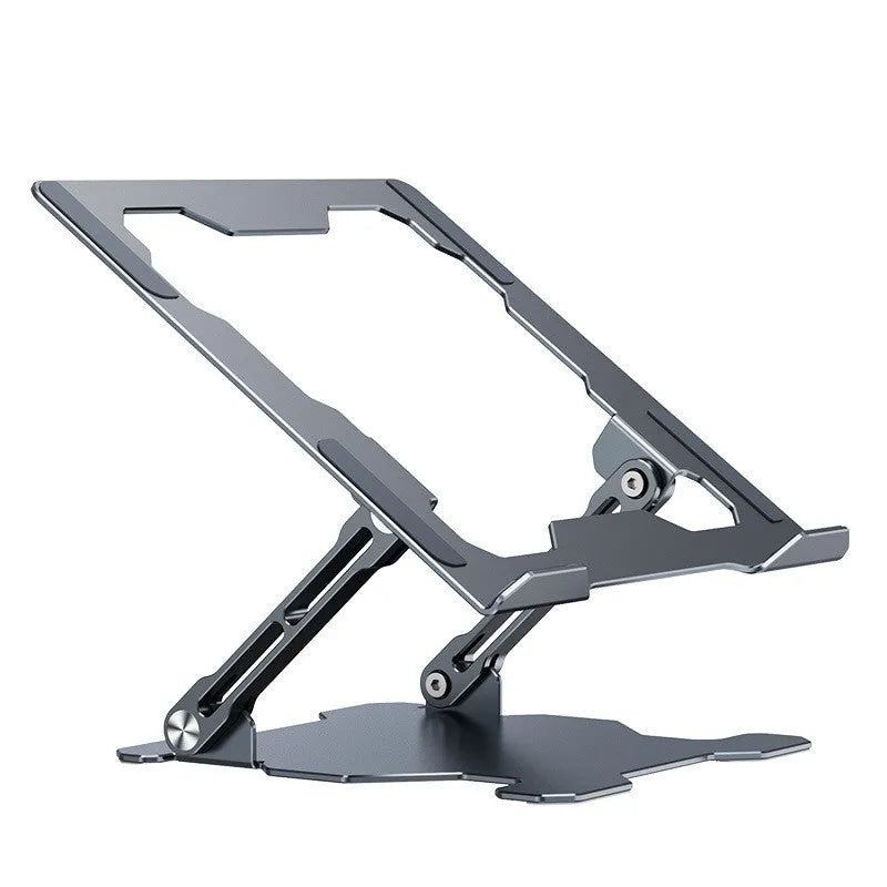 Grey adjustable aluminium laptop stand showing hollow construction and silicone protection pads