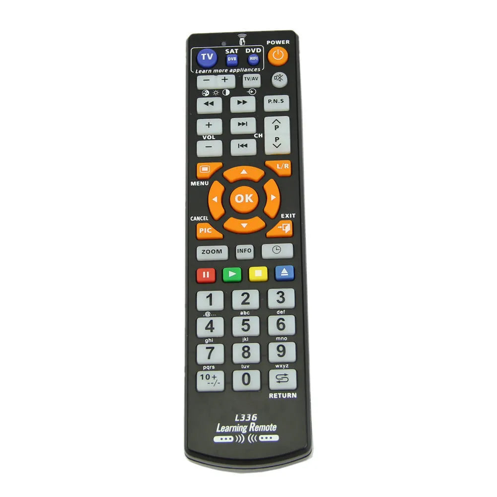 Black L336 learning remote control showing button layout and infrared transmitter
