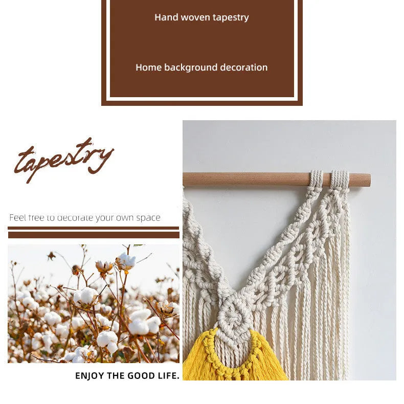 Nordic style hand-woven cotton tapestry with creamy-white background and yellow accents, 120x95cm